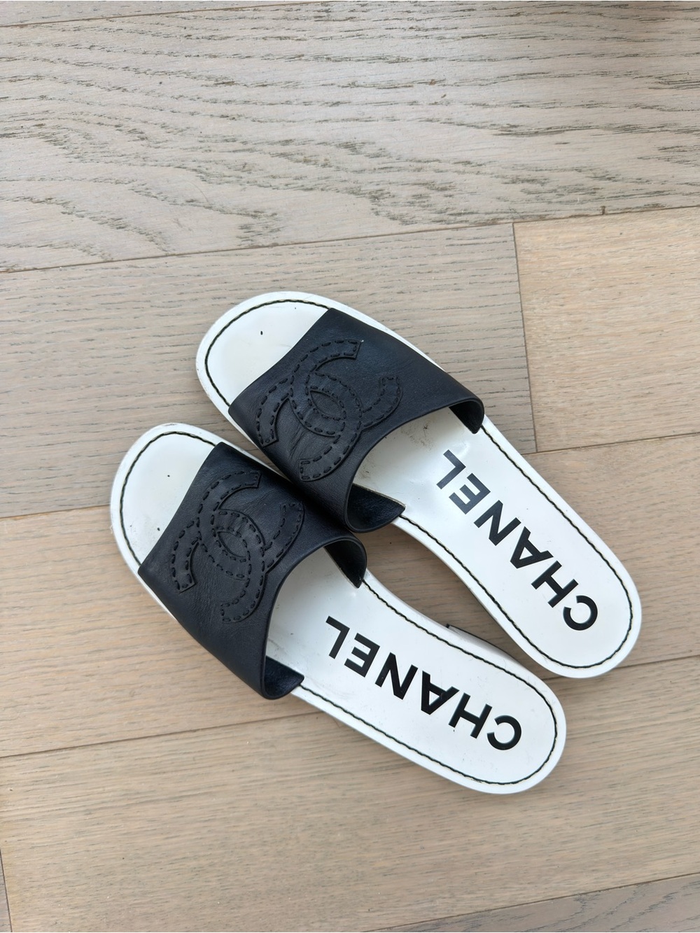 CHANEL Black and White Logo Slide Sandals